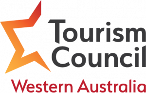Logo of Tourism Council Western Australia, bold text and orange red hues of a star outline